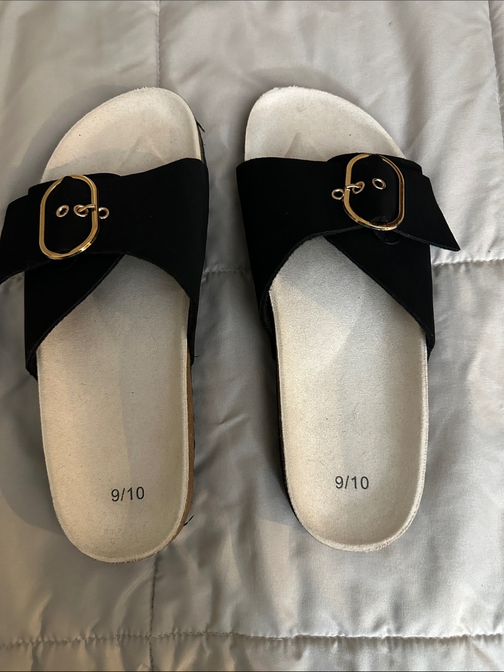 Black Suede-like Slide Sandals with Gold Buckle - Women
